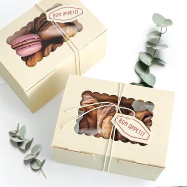 Imagem de BYMARUE Caixas de sobremesa com janela recortada, etiqueta de presente Bon Appétit, cordão de algodão e papel pergaminho - Caixa de presente marfim para petiscos caseiros - biscoitos, mini bolo, fatia