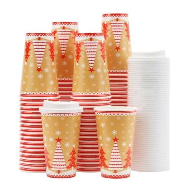Imagem de Tamone Pacote com 100 xícaras de Natal de 473 ml, xícaras de café descartáveis com tampas, para viagem, à prova de vazamento, copos de papel de árvore de Natal para café frio/quente, chocolate, cacau