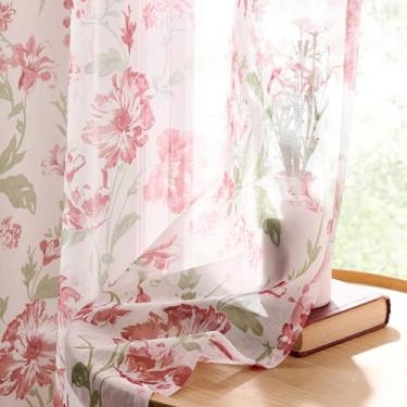 Imagem de Cortinas florais vermelhas para decoração de quarto, 203 cm de comprimento, 2 painéis, estilo moderno, romântico, flores francesas, cortinas transparentes para sala de estar, filtro de luz, bolso para