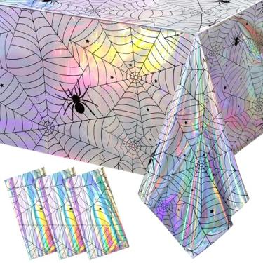 Imagem de 3 toalhas de mesa iridescentes de teia de aranha de Halloween, capa de mesa de teia de aranha assustadora de folha holográfica para mesa retangular, toalha de mesa assustadora descartável para artigos