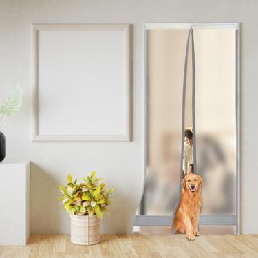 Imagem de Cortina de porta de plástico com isolamento magnético e 3 trilhos para deslizar livremente e alternar, evita que o ar frio/calor CA escape, adequado para pátio/varanda. Tamanho da tela: 90 cm x 200 cm