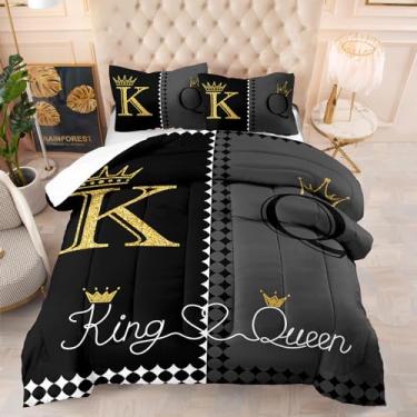 Imagem de Suncloris Conjunto de edredom King Queen Crown preto e branco reversível - tamanho solteiro 172 x 218 cm - roupa de cama de microfibra ultramacia com 2 fronhas para quarto moderno de adolescentes e
