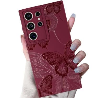 Imagem de Finyosee Compatível com Samsung Galaxy S24 Ultra, design de estampa de borboleta fofa, capa protetora feminina fina de silicone macio e fina à prova de choque para mulheres e meninas - vermelho vinho