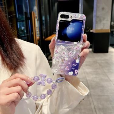 Imagem de Capa para Samsung Galaxy Z Flip6 com estampa de flores em degradê e pulseira, capa rígida de PC à prova de choque (para Samsung Galaxy Z Flip6/Love)