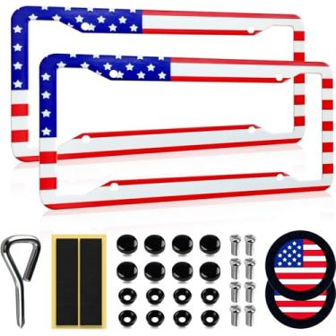 Imagem de Pacote com 2 molduras de placa de carro com bandeira americana da OLLEN em liga de alumínio, protetor patriótico para etiqueta de carro, com ferragens de montagem, tampas antifurto, 8 almofadas à