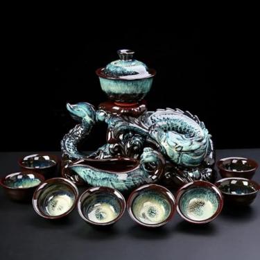 Imagem de Conjunto de chá chinês Gongfu – Bule de cerâmica com infusor, 8 xícaras, design de dragão semiautomático para chá de folhas soltas
