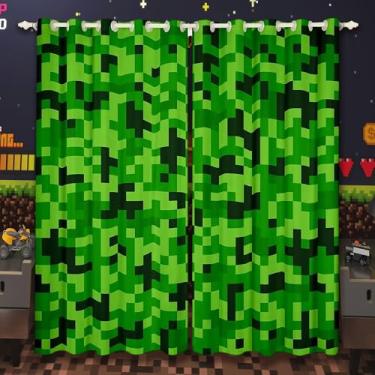 Imagem de Cortinas de jogo pixeladas verdes, cortina de janela de videogame, decoração de quarto de crianças, meninos, meninas, adolescentes, desenho animado, gamepad, cortina de tratamento de janela, moderna