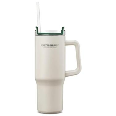 Imagem de Caneca de viagem ERSTEBAHNHOF Alpine com isolamento térmico revestido de cerâmica com alça, tampa torcida e canudo reutilizável – Aspirador de parede dupla, à prova de vazamento, Smoothie ecológico e