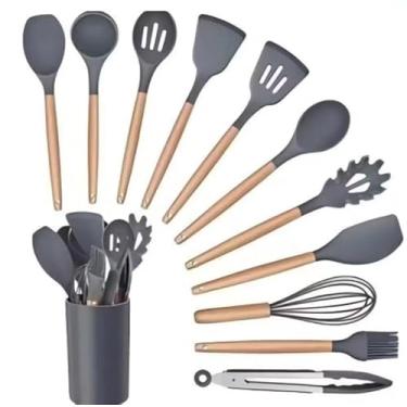 Imagem de Conjunto De Cozinha – Kit De 5/12 Peças De Utensílios De Silicone Antiaderente, Com Cabos De Madeira Resistentes Ao Calor E Ideal Para Panelas Antiaderentes(Kit 12 Cinza)