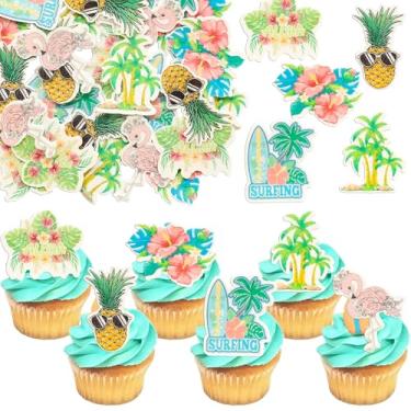 Imagem de Gyufise 54Pcs Edible Tropical Aloha Luau Cupcake Toppers Wafer Paper Palm Tree Flower Turtle Leaves Flamingo Pineapple Cupcake Picks Summer Hawaiian Theme Birthday Party Cake Decorations Supplies