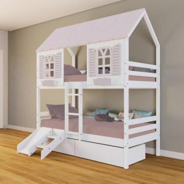 Imagem de Beliche Casinha Bela Com 2 Gavetas Kit Escada/escorregador - Madeira M