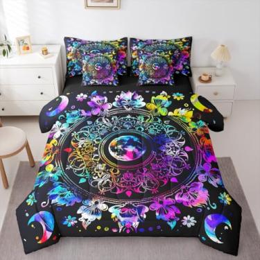 Imagem de Erosebridal Jogo de cama queen, tamanho queen, floral, elegante, mandala, sol, lua, edredom com lençóis, boêmio e exótico