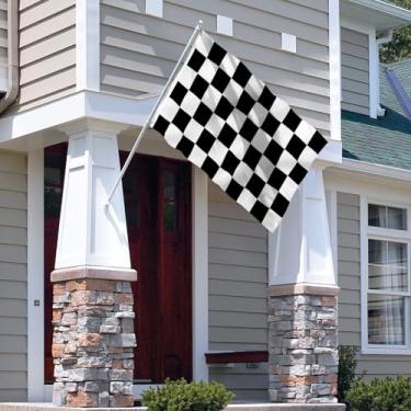 Imagem de Bandeira quadriculada de 9 x 12 cm - Cor vívida e à prova de desbotamento - Cabeçalho de lona e costura dupla - Bandeiras de corrida em poliéster preto e branco com ilhós de latão 8 x 1,5 m