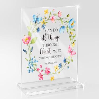 Imagem de Presentes cristãos religiosos inspiradores aniversário, aposentadoria, graduação, autocuidado, brinde para mulheres, homens, amigos, colegas, versículo bíblico, I Can Do All Things, placa acrílica
