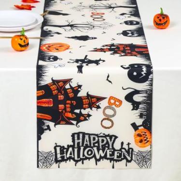 Imagem de Caminho de mesa de casa assombrada de Halloween, decoração de jantar de cozinha de 33 x 182 cm com morcegos fantasma lanterna de abóbora, decoração de casa assustadora para uso interno e externo