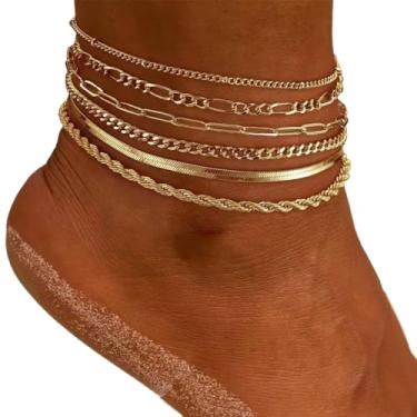 Imagem de Tornozeleira feminina de ouro/prata, ouro 14K, impermeável, multicamadas, pulseira de tornozeleira feminina, joia de ouro, presente banhado a ouro, empilhável, conjunto antioxidante, One Size, Metal
