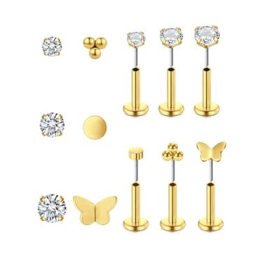 Imagem de Brinco de cartilagem de ouro prateado para mulheres, brincos sem fio, tragus, concha, 6 mm, hipoalergênico, pilhas, cartilagem, hélice, joias, 16 g, 20 g, 18 g, brincos de segundo furo plano para