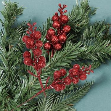 Imagem de 3 peças com glitter caules de bagas em pó de espuma artificial falsa galhos de frutas silvestres DIY árvore de Natal colheita de azevinho guirlanda decoração de mesa de festa, vermelho 23,5 cm de