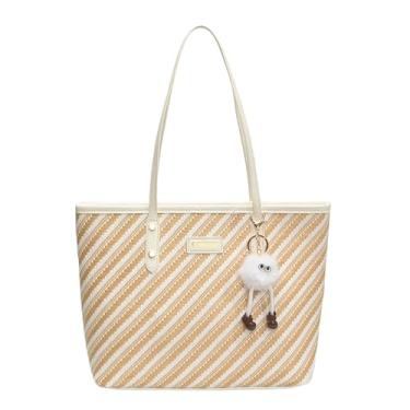 Imagem de CORIOS Bolsa feminina de couro PU, bolsa de ombro listrada com lindo pingente de pompom branco pasta de grande capacidade, Branco, L
