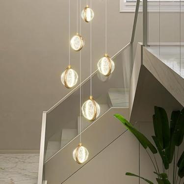 Imagem de Luminária De Teto Pendente Luminária De Escada Lustre De Bola De Vidro Lustre Led, Luz Pendente De Escada Luzes Penduradas Longas Escadas De Comprimento Ajustável E Vida, One Color, 6 heads