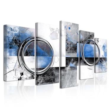 Imagem de CXHOSTENT Decoração de parede abstrata azul 5 peças impressões de imagem azul cinza e preto grande tela abstrata pintura de parede arte moderna para decoração de casa emoldurada (branco, 20 x 35 x 5