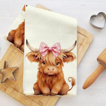Imagem de Toalhas de cozinha de vaca fofas, laço rosa dente-de-leão decorativo absorvente pano de prato de microfibra toalha de chá, toalhas de mão macias de waffle para casa de fazenda, casa de banho