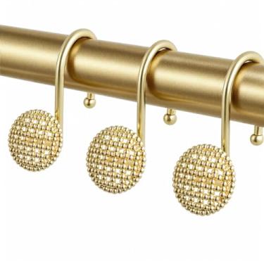 Imagem de Pearlbee Ganchos de cortina de chuveiro - 12 peças, anéis de chuveiro decorativos resistentes à prova de ferrugem com deslizamento suave para varões de banheiro (ouro)