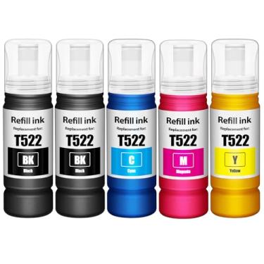 Imagem de 522 garrafas de refil de tinta Eco Tank ET-2800 ET-2400 ET-4800 Refil de tinta compatível com E-pson 522 frascos de refil de tinta, pacote com 5 para ET-2800 ET-2400 ET-4800 ET-2400 ET-2803 ET-2720 ET