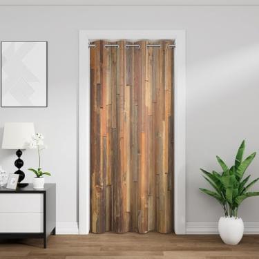 Imagem de Leyiyi Cortina de porta de madeira marrom gasto para porta privacidade fazenda aldeia rural prancha de madeira ilhó isolamento térmico cortina de porta para divisória de quarto 83 x 199 cm, 1 painel