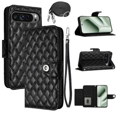 Imagem de Dswteny Capa carteira para Google Pixel 9 Pro XL/10 Pro XL com alça de ombro, padrão Argyle PU couro flip porta-cartão capa para celular Pixel9 9Pro Nine Pixel10 10Pro LX meninas mulheres preta