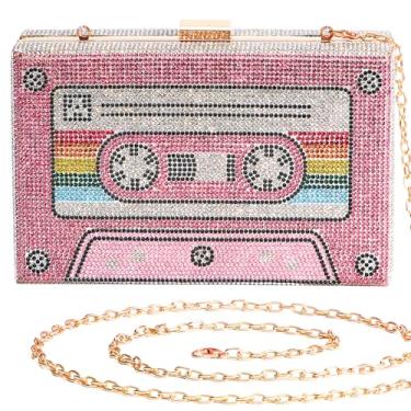 Imagem de Dansydaisy Bolsa tiracolo feminina retrô em formato de rádio, bolsa de strass, divertida, vintage, para noite, bolsas de ombro para coquetéis e festas femininas
