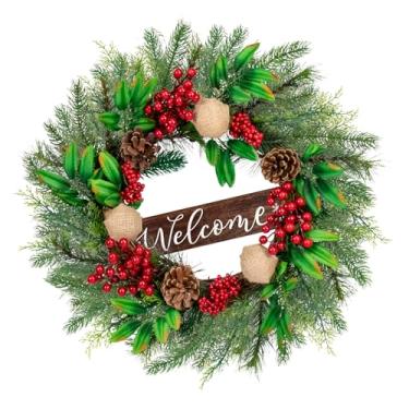 Imagem de Guirlandas de Natal para decoração externa da porta da frente, 50,8 cm, bagas vermelhas, bola de linho, ramos de pinheiro, decorações de inverno com placa de pendurar para Natal, férias, casa, porta