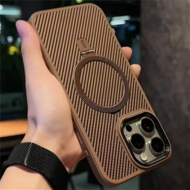 Imagem de Capa de celular com suporte magnético para iPhone 16, 15, 14, 13 Pro Max, capa traseira com toque de pele de fibra de carbono, ouro deserto, para iPhone 16 plus