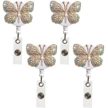 Imagem de 4 peças, clipe de crachá de borboleta, strass, carretel de crachá de enfermeira, retrátil, de nylon, carretel para identidade, strass com clipe jacaré, para professores, estudantes, vários (azul)