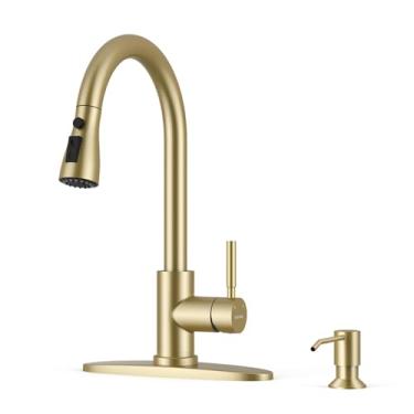 Imagem de WEWE Torneira de cozinha com dispensador de sabão e pulverizador de puxar, torneira de aço inoxidável clássica de 3 modos de manípulo único para pia de cozinha, trailer, ouro