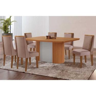 Imagem de Conjunto Sala de Jantar Pilar c/ Tampo Madeirado Canto Curvo 180x90cm e 6 Cadeiras Tilia Madeira Maciça Naturale/Off White - Capuccino/Linho Capuccino