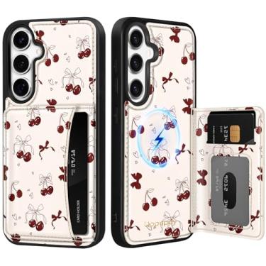 Imagem de Uppuppy Capa para Samsung Galaxy S25 Plus/S24 Plus com carteira - Compatível com MagSafe Cute Women Girls Couro Estético Titular Cartão de Crédito Capa para celular para S25Plus/S24Plus, Bow Cherry