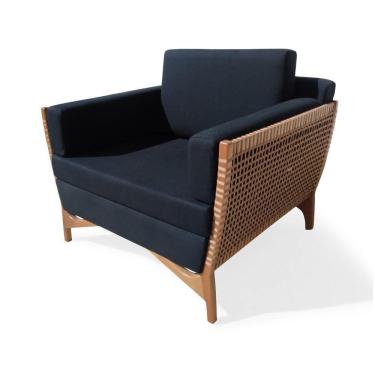 Imagem de Poltrona Com Braço Cutiê Algodão Impermeável Azul Madeira Cedro Corda Fita Poliéster