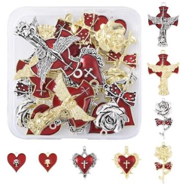Imagem de MakemadeDIY 16 pingentes de pingente de flor de cruz de coração esmaltado para fabricação de joias pingentes de metal vermelho dourado prata para colares, pulseiras e brincos