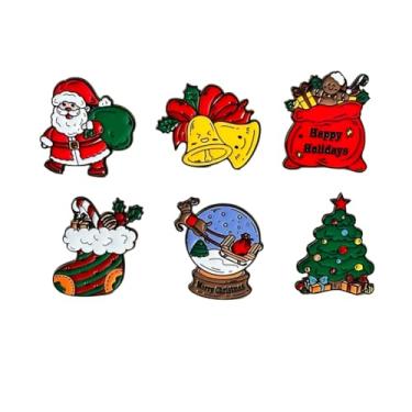 Imagem de Broche de sinos de Natal, árvore de Natal, sinos, broche para mulheres, crachá de Papai Noel, medalha, roupas, decoração, presente, ornamento, joias, 6 peças/conjunto, Metal, Sem Pedra Preciosa