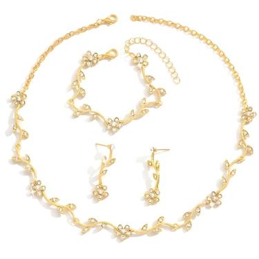 Imagem de Conjuntos de joias de casamento para mulheres, joias de ouro para noivas, colar em forma de folha e brincos com pulseira ajustável, liga de zinco e strass de vidro