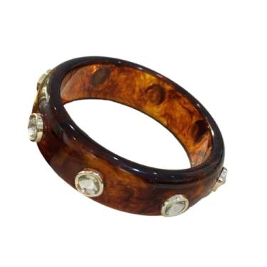 Imagem de Pulseira grossa de acetato com veios de mármore e pedras preciosas coloridas - Pulseira feminina de resina, One Size, Madeira, Sem Pedra Preciosa