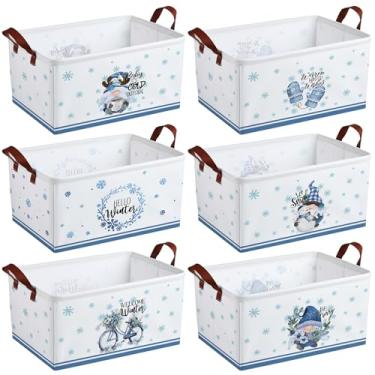 Imagem de CHENGU Pacote com 6 caixas de armazenamento de inverno, cesta dobrável de Natal para presentes, gnomos, cesta grande de boneco de neve, dobrável, azul, caixa de inverno com alça para quarto