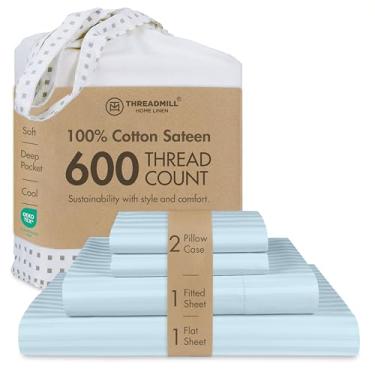 Imagem de Jogo de cama queen size Threadmill 100% algodão 600 fios, para colchões altos de 40,5 cm, em cetineta listrada adamascada com efeito refrescante, 4 peças, azul