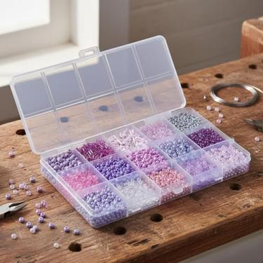 Imagem de Kit de contas de sementes de vidro - contas de sementes de artesanato de cores mistas, contas de tubo pequeno para fazer joias, pulseira faça você mesmo, vários tamanhos, 15 compartimentos