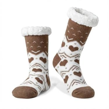 Imagem de LIGHT DOT Meias femininas de inverno com forro de lã de ovelha, estampa de coração nevado, antiderrapante, confortável, macia, quente, presente de Natal, Caqui, 6-10