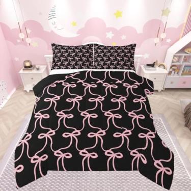 Imagem de meiyoeat Jogo de cama fofo com laço preto e rosa, macio para meninos e meninas, conjunto de edredom com laço kawaii, tamanho solteiro, com laços e listras, edredom de microfibra, decoração de quarto
