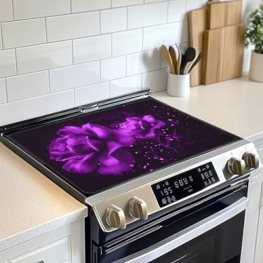 Imagem de Tampa superior de fogão de flor de rosa roxa para elétrico, capa de fogão de cerâmica de vidro, protetor de fogão plano resistente ao calor, tapetes de secagem de pratos para cozinha