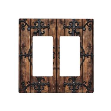 Imagem de BHGAHD Capas de tomada decorativas com porta de celeiro de madeira marrom vintage com design de ferragens de bronze antigo, placa de parede de 2 gangues, tampa de interruptor duplo para decoração de