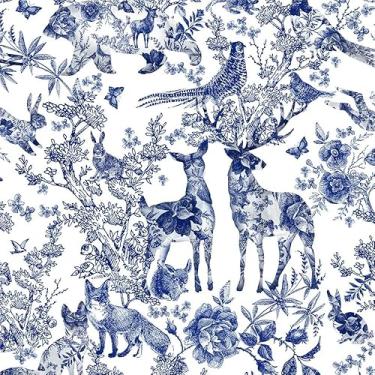 Imagem de MuralPeel Papel de parede vintage branco azul flor pássaro veado damasco descascar e colar autoadesivo removível fácil de descascar no papel de parede para armário de quarto inquilino